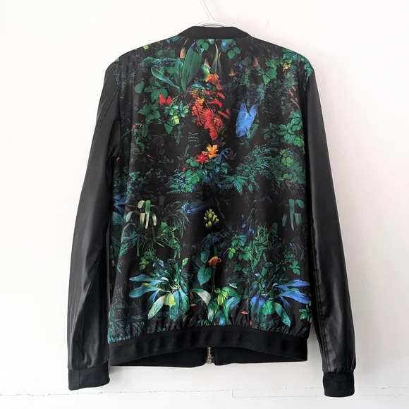 Zara Man Black And Tropical Print Bomber Jacket ~ Size Medium - Picture 7 of 15